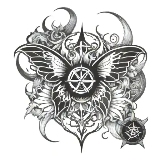 Pentagram Satan Star On Flaming Butterfly Wings