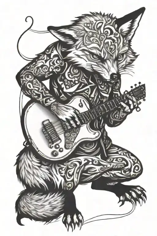 A Crouching Fox Holding A Guitar In Its Teeth