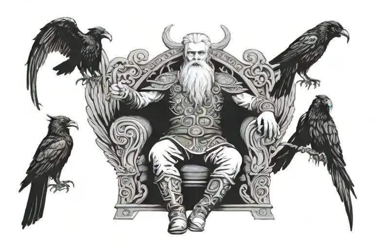 Odin Sitting In A Throne With His Two Ravens Huginn And Muninn