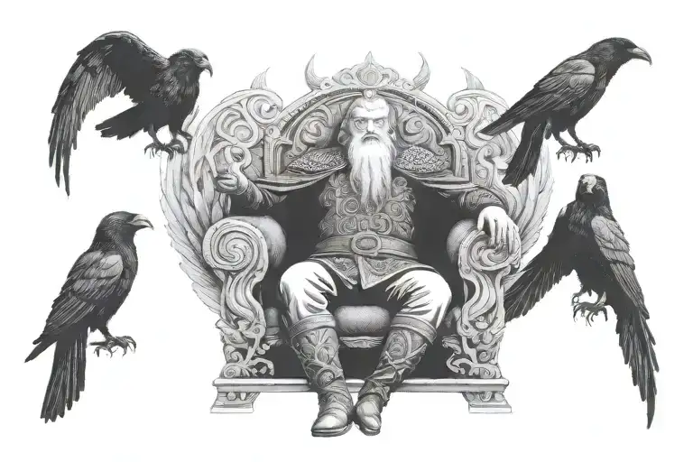 Odin Sitting In A Throne With His Two Ravens Huginn And Muninn