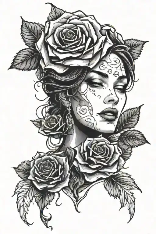 Woman Face Black Roses Dark
