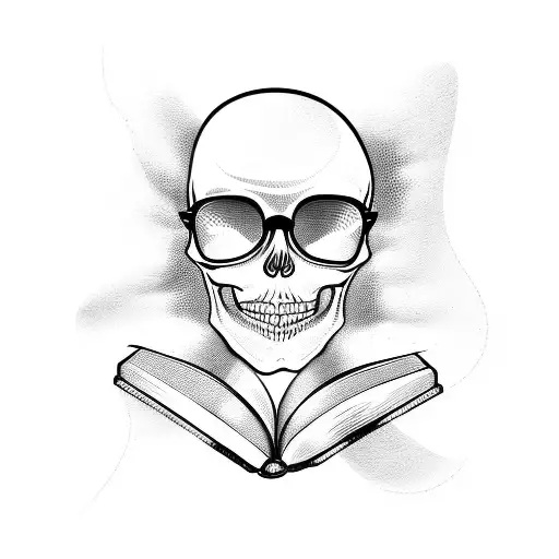 A Skull Wearing Glasses And Reading A Book In A Blackwork Style