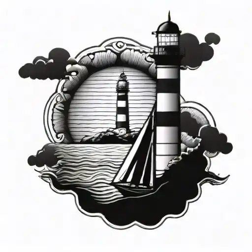 Lighthouse And Sail Boat In Front