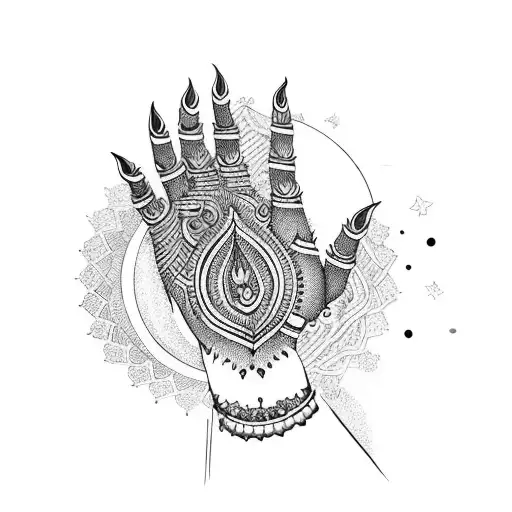 Hand With Henna And Moon Designs Long Nails