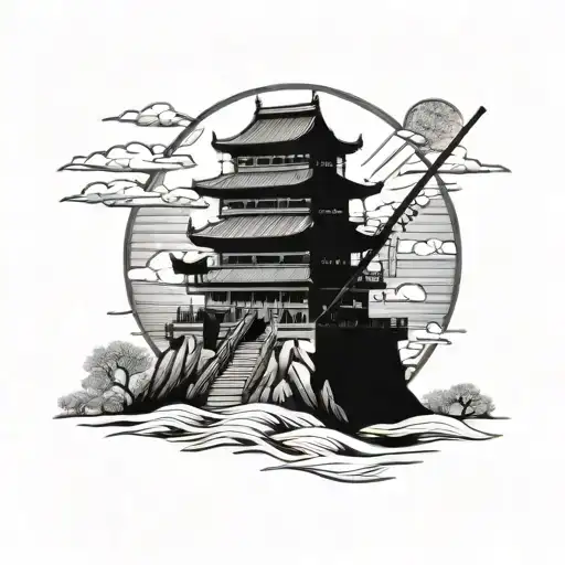 Samurai Warrior Castle Surrounded With Sun Setting