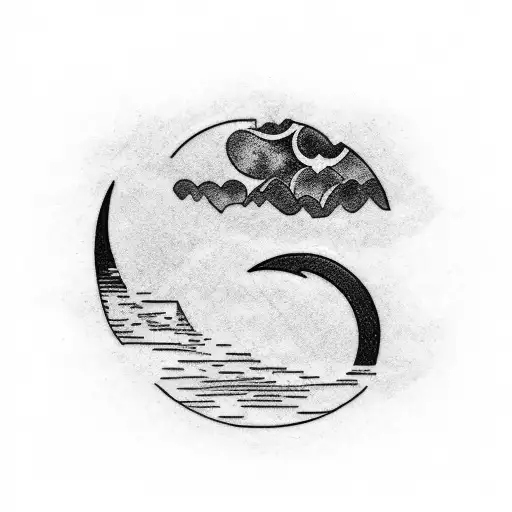 Minimalist Black And White Tattoo Design Of A Crescent Moon With A River Flowing Toward It