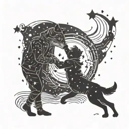 A Father And Child Dancing Under A Starry Sky Filled With Wolf Silhouettes