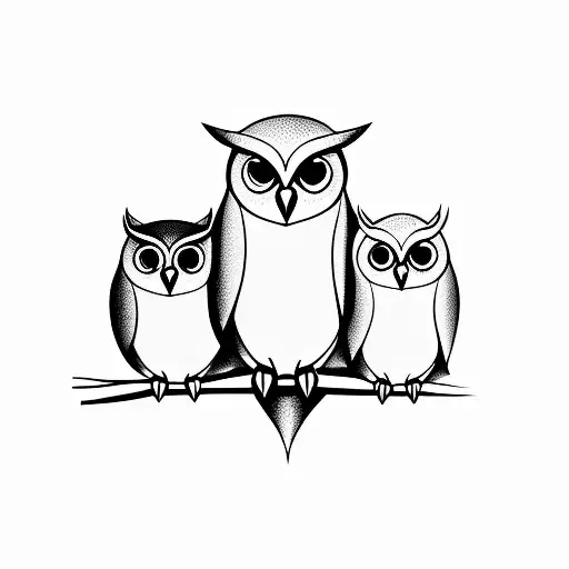 Three Cartoon Owls Sitting On A Branch In Black And White