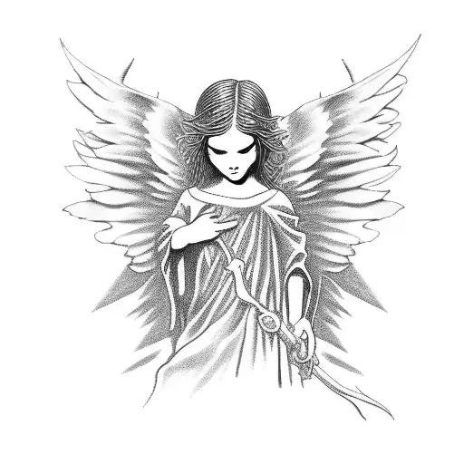 Goth Angel Statue From The Side With A Flower In Hand