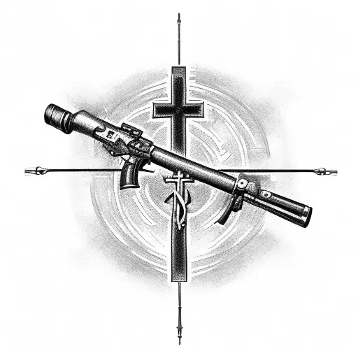 Christian Cross With A Riffle Gun And A Fishing Rod