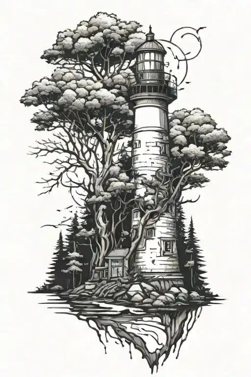 Destroyed Post Apocalypse Lighthouse Surrounded By Tall Trees