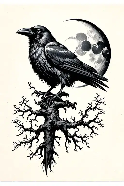 Raven With Moon And Tree