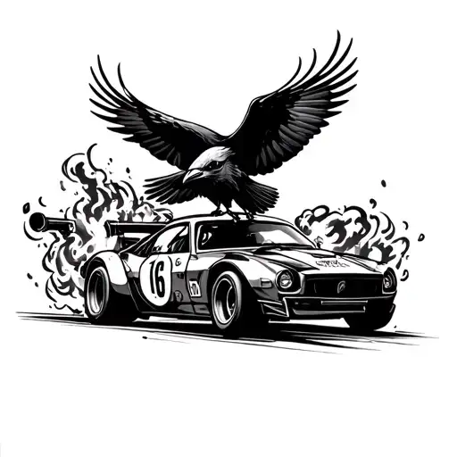 Design A Tattoo Featuring A Raven Flying Over A Racing Car With Guns Blazing