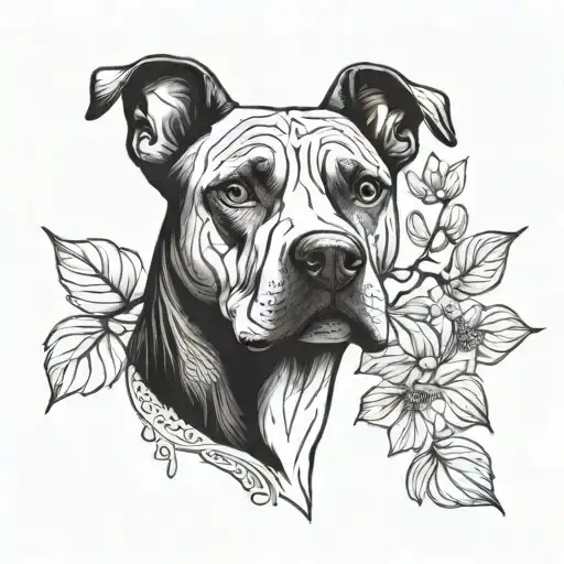 A Stylized Dogwood Tree With Delicate Blackwork Details Intertwined With A Portrait Of A Pitbull