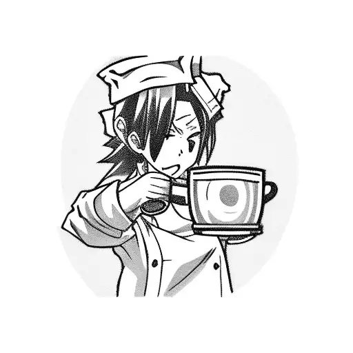 A Tattoo Of An Anime Character Cooking On A Grill With A Coffee Mug And Whisky Glass Nearby