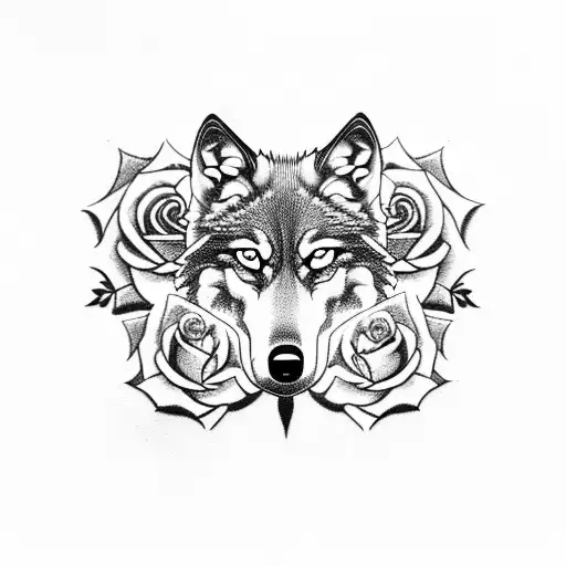 Wolf Surronded By 1 Clock And Multiple Roses