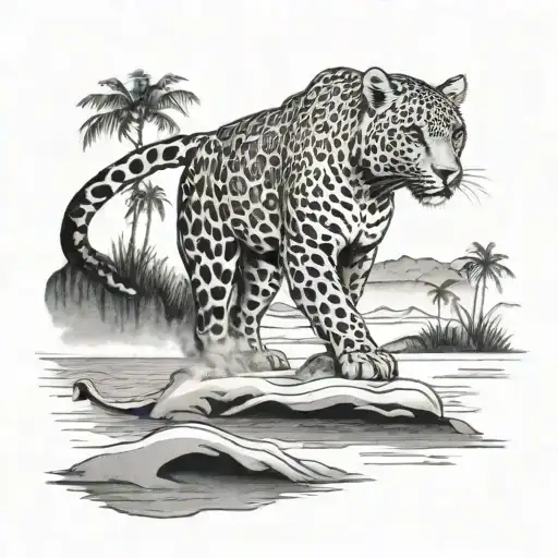 A Blackwork Tattoo Of A Fierce Leopard Walking Through A Serene Beach Scenery