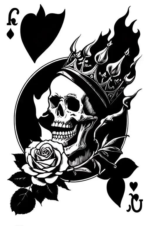 Skeleton King Of Hearts Card With Rose That Is Set On Fire