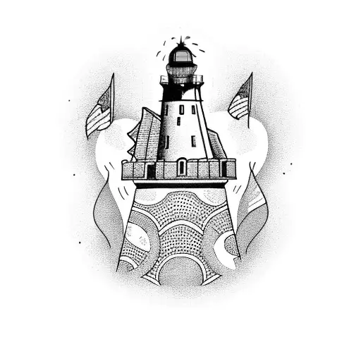 A Blackwork Tattoo Of A Lighthouse Surrounded By Swimming Elephants