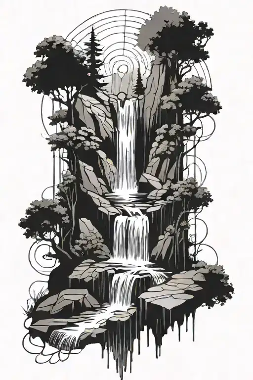 Geometric Shapes Surrounding A Waterfall Flowing For Forearm