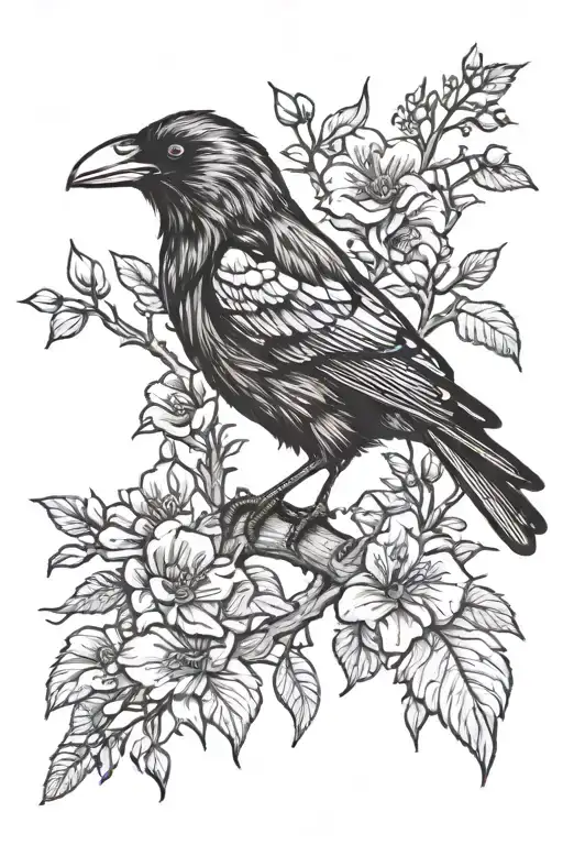A Crow Perched On A Twisted Acorn Branch Surrounded By Belladonna Flowers