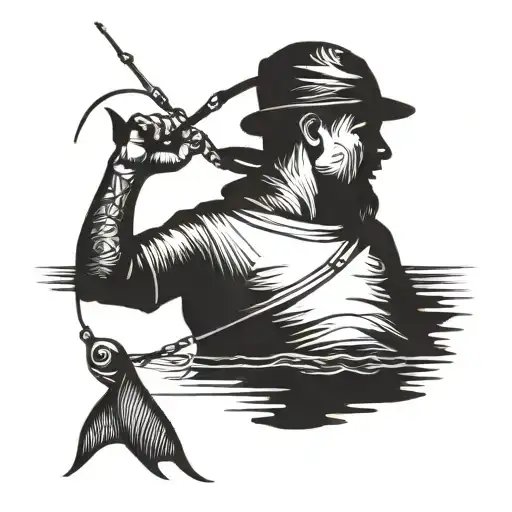 Side Profile Silluette Of Patient Fisherman Casting Line Somewhat Minimilist Style With No Shading