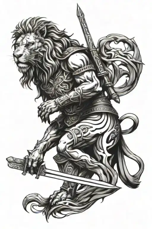 Lion With Cross And A Warrior Wielding A Sword