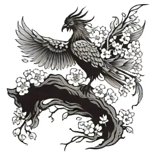 Phoenix Rising From Cherry Blossoms