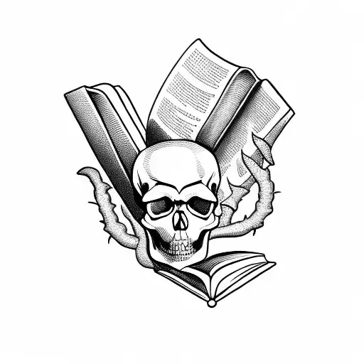A Skull Wearing Glasses And Reading A Book In A Blackwork Style