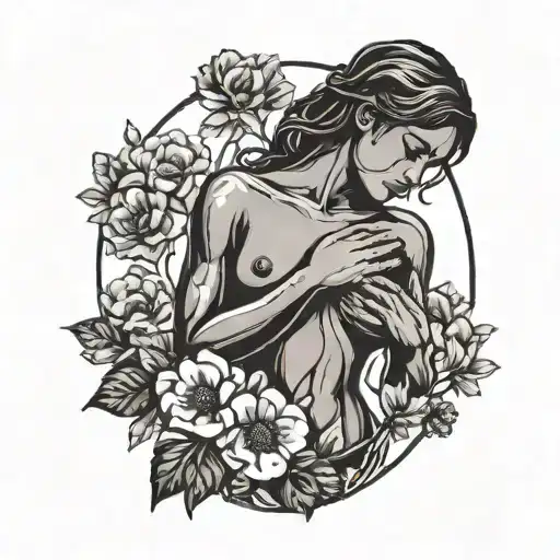 Breast Cancer And Silhouette Of Woman Touching Her Chest And Flowers