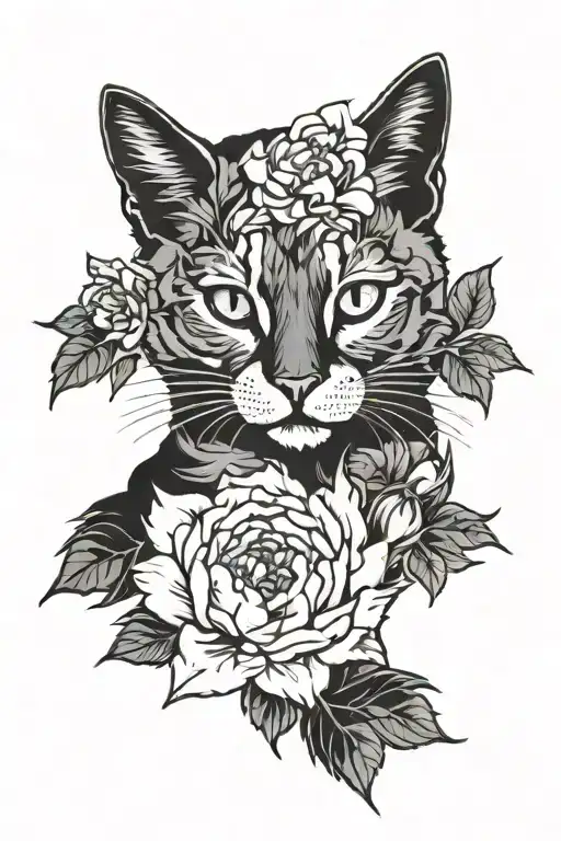 Cat With Peony Flowers