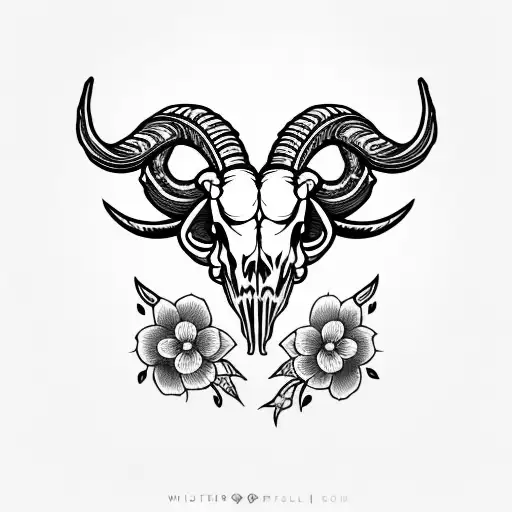 Ram Skull With Flowers And A Sword
