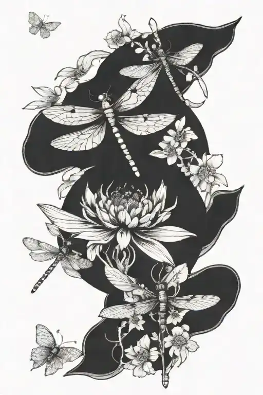 August And March Birth Flowers With Dragonflies Flying