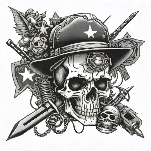 A Tattoo Of A Skull Demon Surrounded By Camping Gear And Military Law Enforcement Symbols