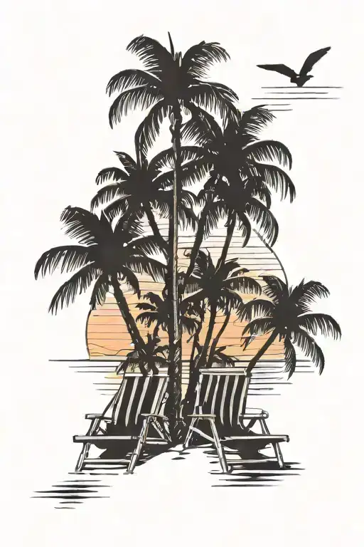 Palm Trees On The Beach With Four Beach Chairs At Sunset