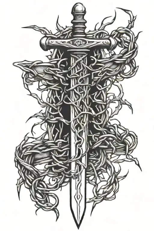 A Wavy Sword Wrapped In Thorns And Barbed Wire