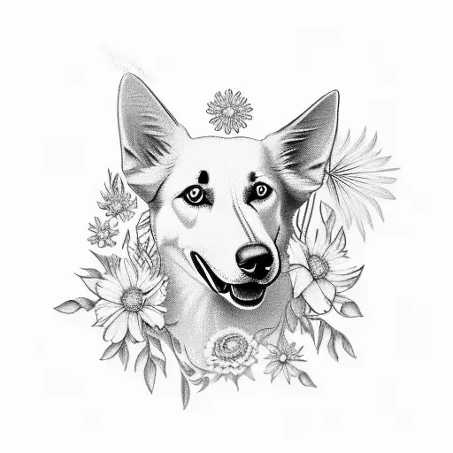 White Swiss Shepherd Dog With Edelweiss Flowers Around Him