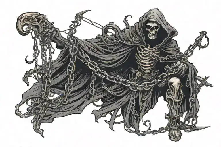 Full Body Grim Reaper Wrapped In Chains Holding A Scythe