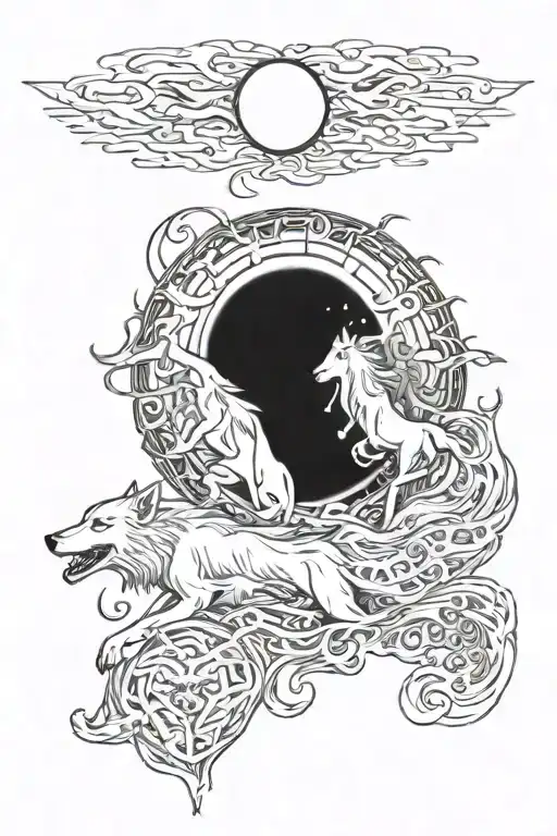 Skoll And Hati Chasing The Moon And Sun Shining