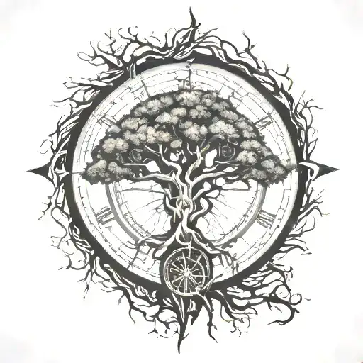 Oak Tree With Roots And Compass