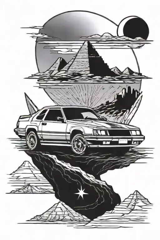 A Tattoo Design Of An Egyptian God Driving A 1989 Chrysler Conquest Tsi Through A Desert Landscape