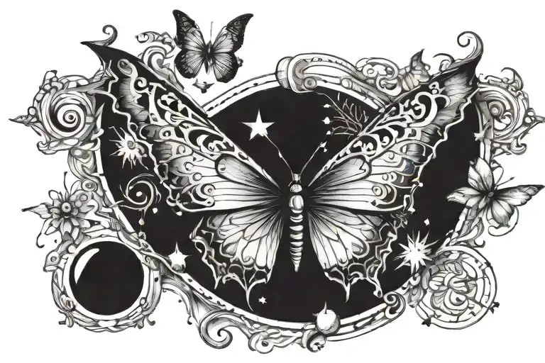 A Sternum Tattoo With A Butterfly With A Star Above And Realistic Moons Beside It