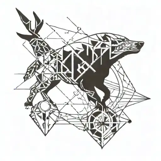 A Geometric Pattern Tattoo That Combines Elements Of Hunting Gear And Electrical Symbols