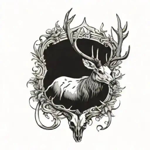 Black And Grey Deer Skull With Antlers And Birds Sitting On The Antlers