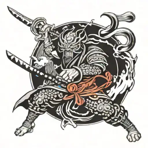 A Mythical Creature Inspired By Japanese Art Wielding A Katana In A Battle Scene
