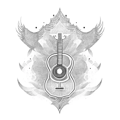 A Blackwork Tattoo Of A Guitar Merging Into The Outline Of Saint Petersburg's Cityscape