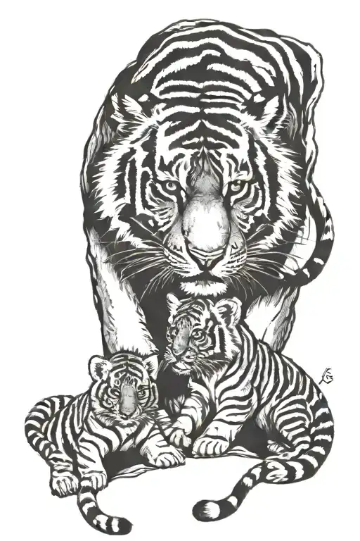 Tiger Protects Two Cubs Walking