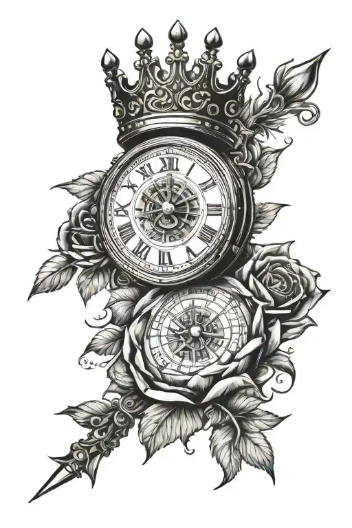 Clock With Compass And Crown At Top And Rose Below