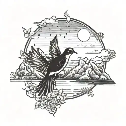 A Serene Mountain Landscape With A Peaceful Dove Flying Overhead