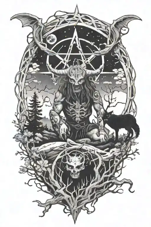 Demon In Forest Landscape Dark Sky And A Pentagram
